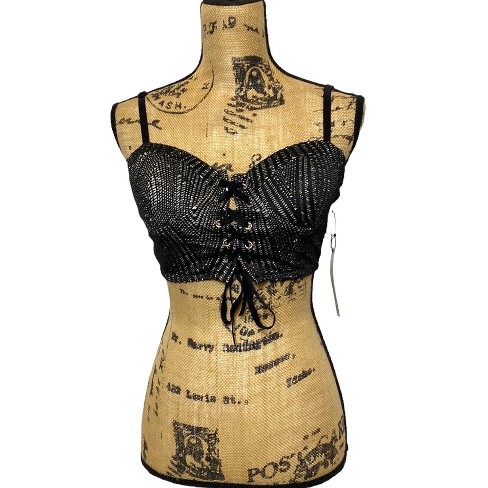 Haute Monde Black Silver Lace Up Crop Top M